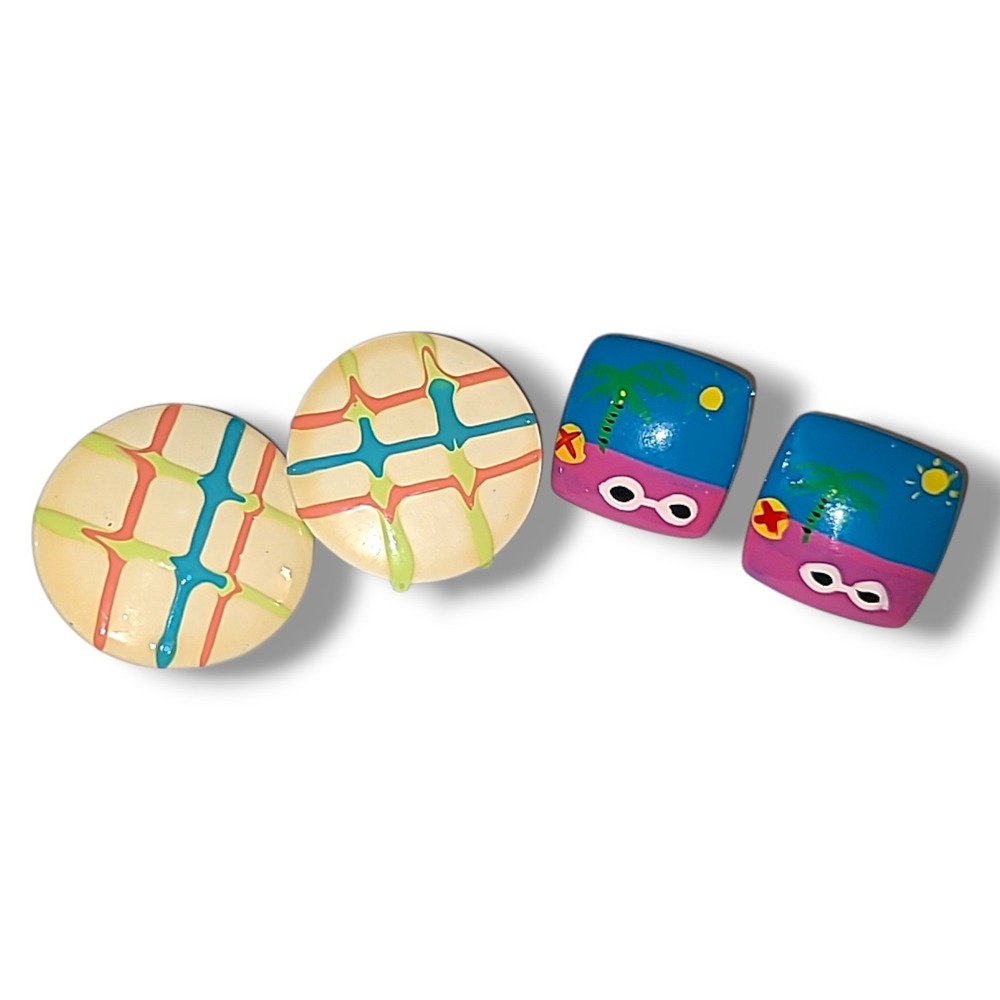 Lot 2 Vintage 80s Acrylic Earrings Painted Abstract‎ Beach Palm Pierced Retro